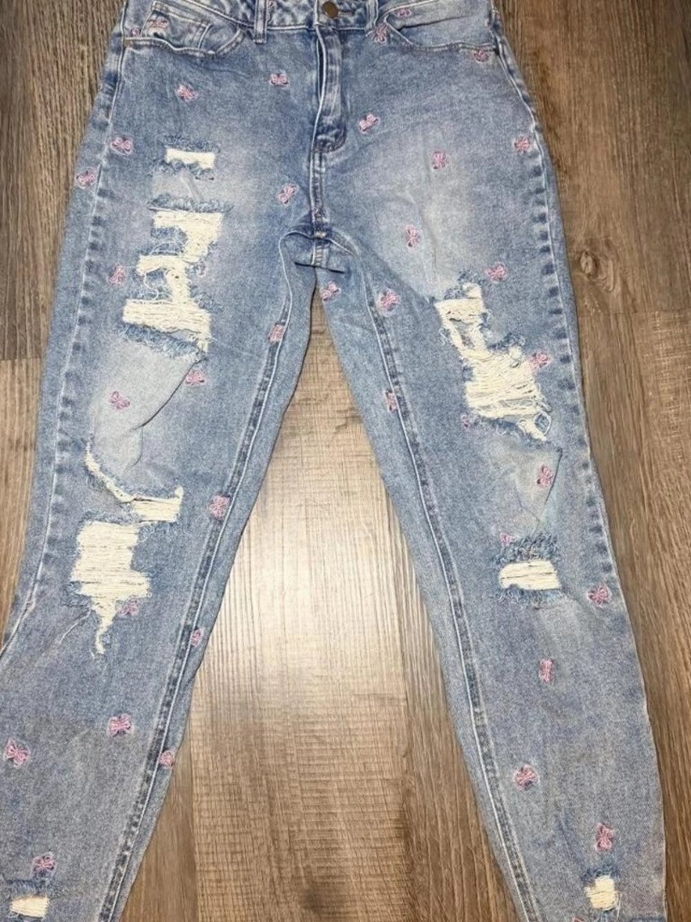 Distressed Butterfly Embroidered Skinny Jeans Y2K Raw Hem Denim S